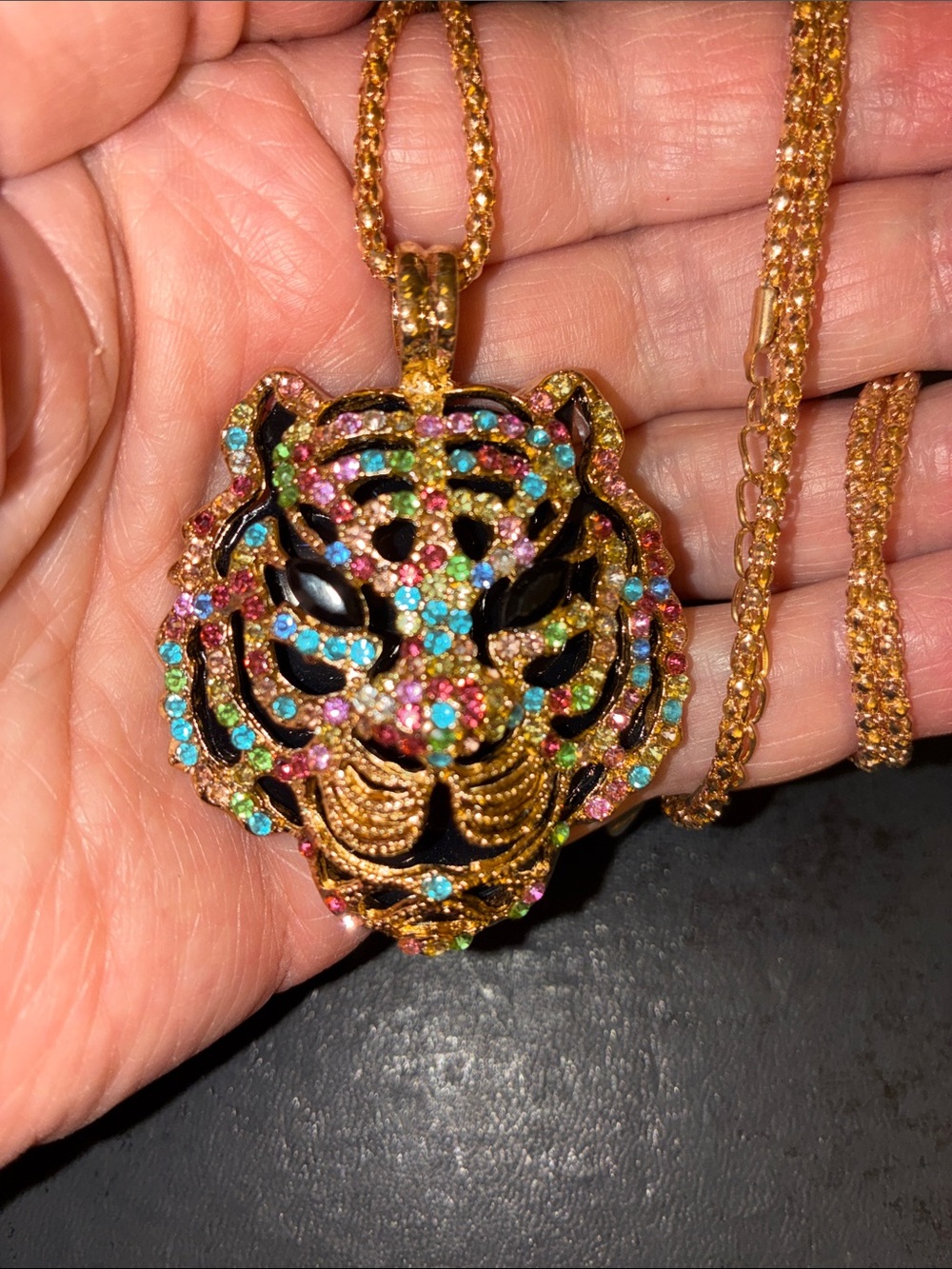 Multicolor Tiger Head Pendant Necklace - Gold Finish
